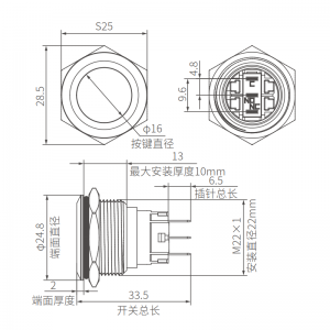 Custom Non Illuminated 22mm Flat Metal Push Button Switch SPST