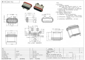 USB-20C-F06-SM19F IPX7 Étanche USB Type C 6Pin SMD Prise USB Type-C 6P