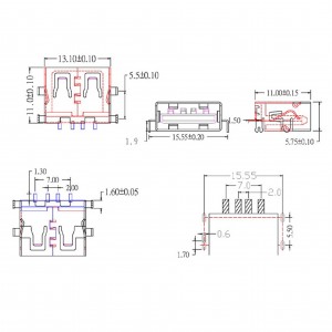 Reverse USB Type A 2.0 Female Connector Mid Mount SMT