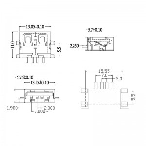 Mid Mount USB A 2.0 Conector Fêmea SMT Offset 1,9 mm