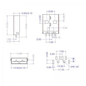 Mid Mount USB Tipo A 2.0 Plug 4 Pos SMD Offset 2,55mm